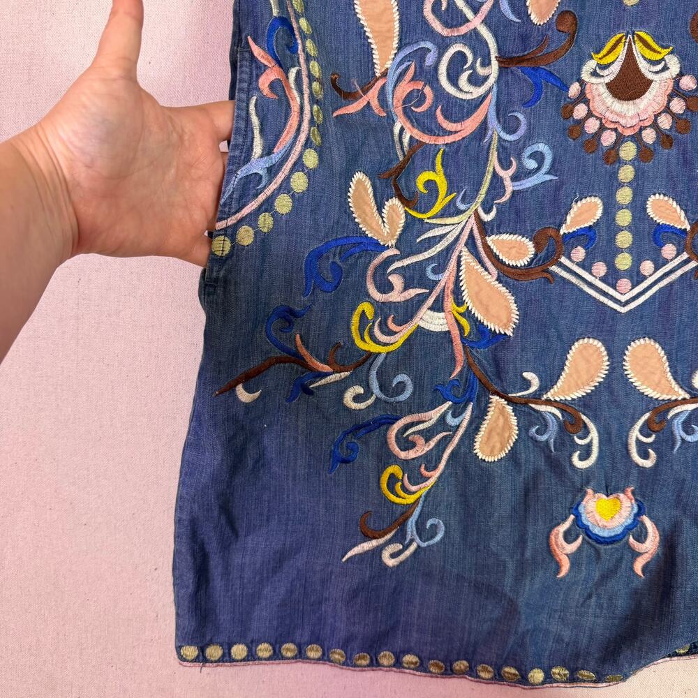Embroidered Tencel Chambray Tunic Peasant Dress Women's S Boho Festival Cottage - Picture 9 of 14